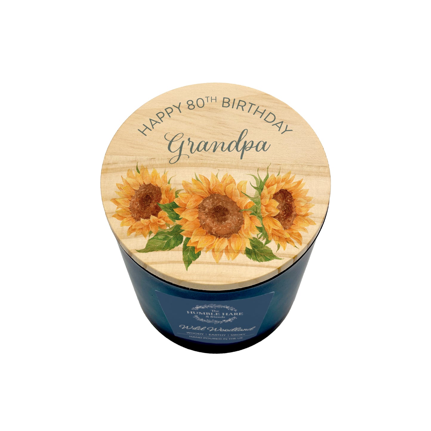 A personalised jar candle with a dark blue glass container and a light wood lid decorated with three sunflowers and the text 'HAPPY 80TH BIRTHDAY Grandpa'.