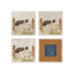 A set of 4 square marble coaster with a design of a border collie working dog herding sheep through a gate on the farm. One coaster is flipped to show the cork back to protect work surfaces.