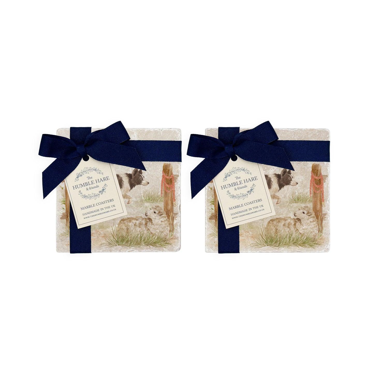 A set of 4 square marble coasters with a design of a border collie working dog herding sheep through a gate on the farm. The coasters are paired in sets of 2 with luxurious blue ribbons and gift bows.