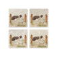 A set of 4 square marble coasters with a design of a border collie working dog herding sheep through a gate on the farm. 