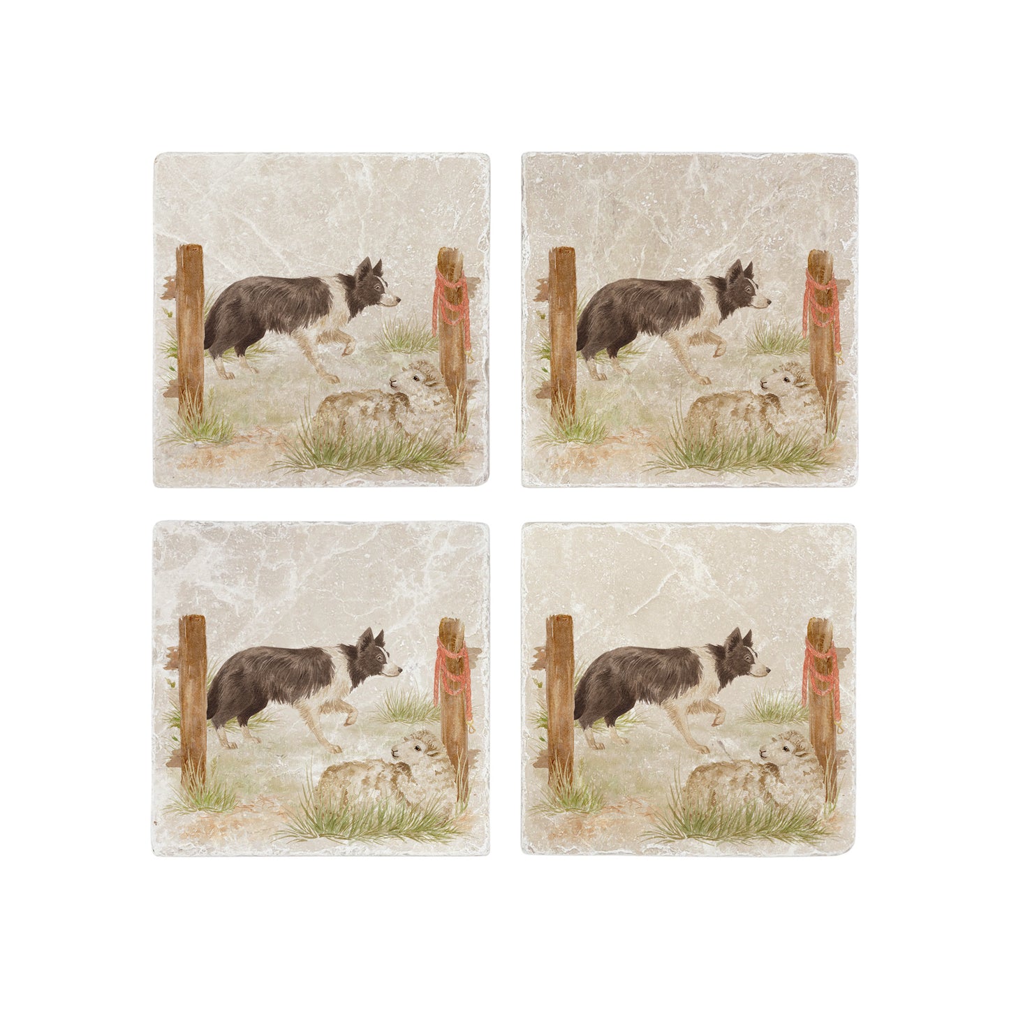 A set of 4 square marble coasters with a design of a border collie working dog herding sheep through a gate on the farm. 