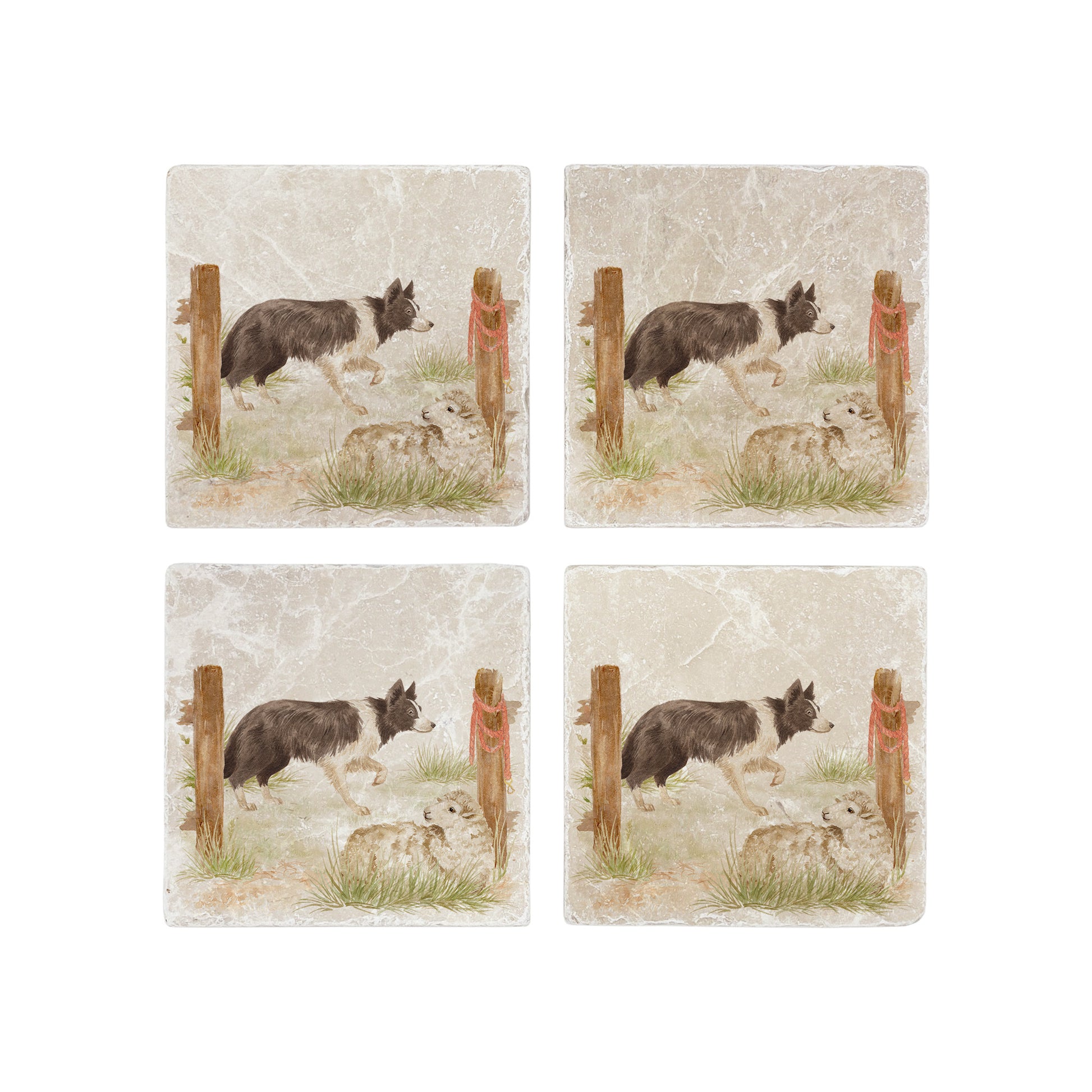 A set of 4 square marble coasters with a design of a border collie working dog herding sheep through a gate on the farm. 