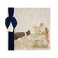 A square large marble platter with a design of a border collie working dog herding sheep through a gate on the farm. The platter is packaged with a luxurious blue ribbon and gift bow.