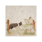 A square large marble platter with a design of a border collie working dog herding sheep through a gate on the farm. 