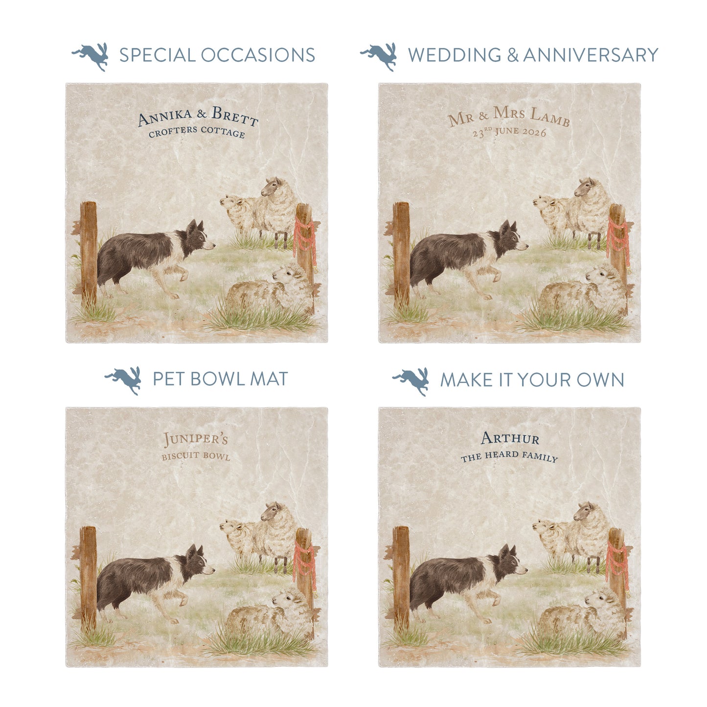 Square large marble platters with a design of a border collie working dog herding sheep through a gate on the farm.  The platters show examples of personalised text for special occasions.