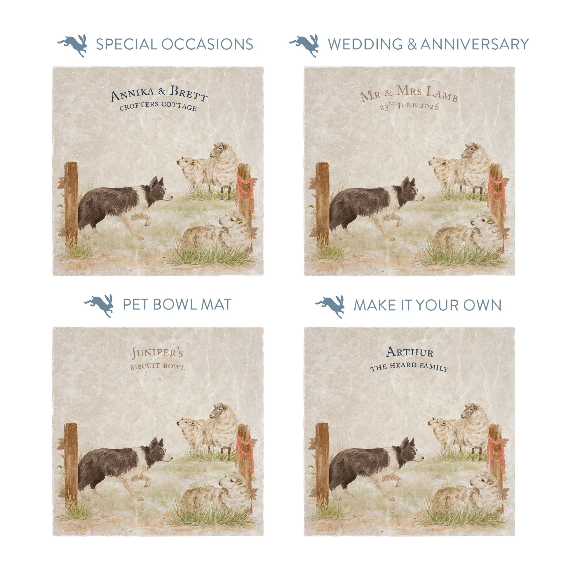 Square large marble platters with a design of a border collie working dog herding sheep through a gate on the farm.  The platters show examples of personalised text for special occasions.