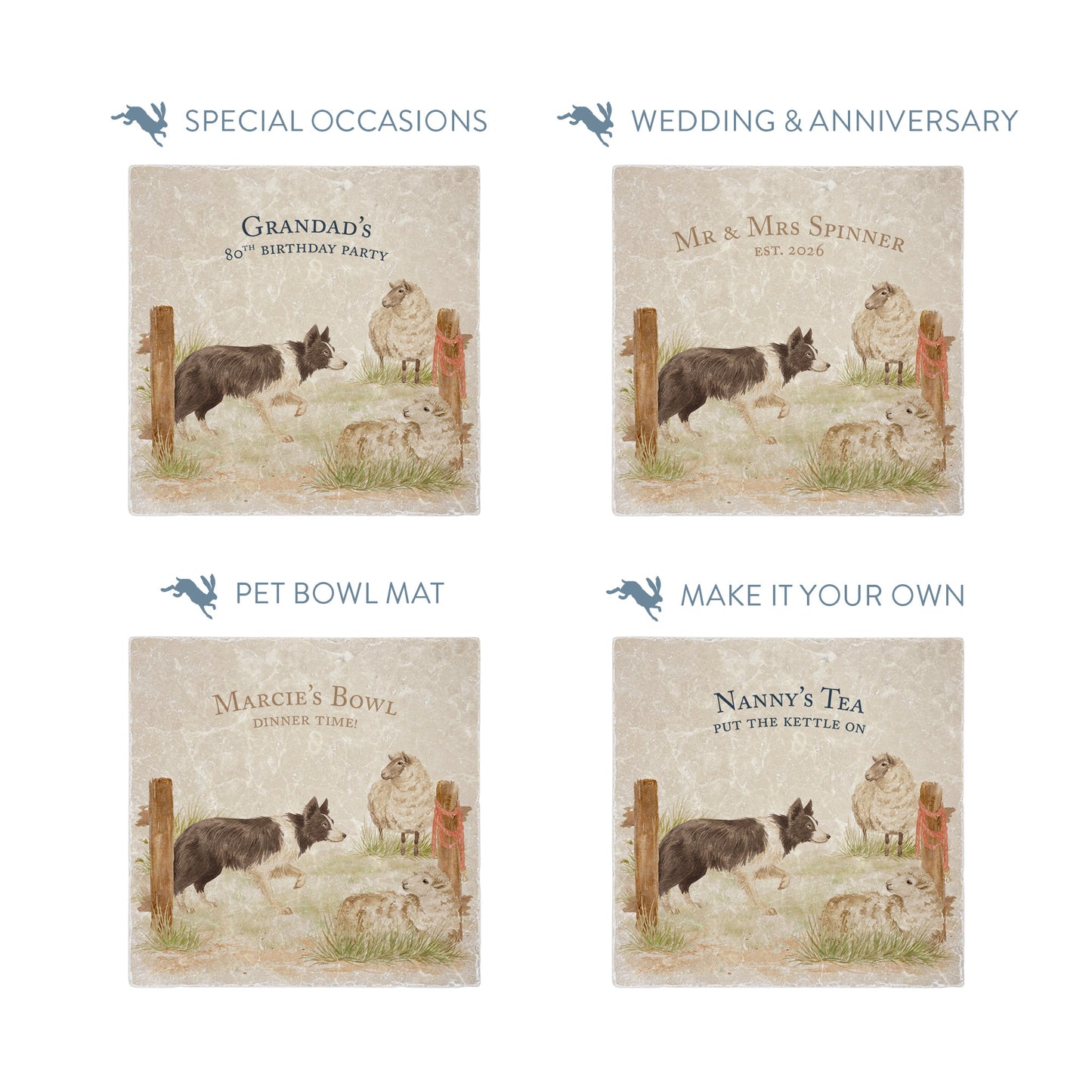 Square medium marble platters with a design of a border collie working dog and sheep. The platters show examples of personalised custom text for special occasions.