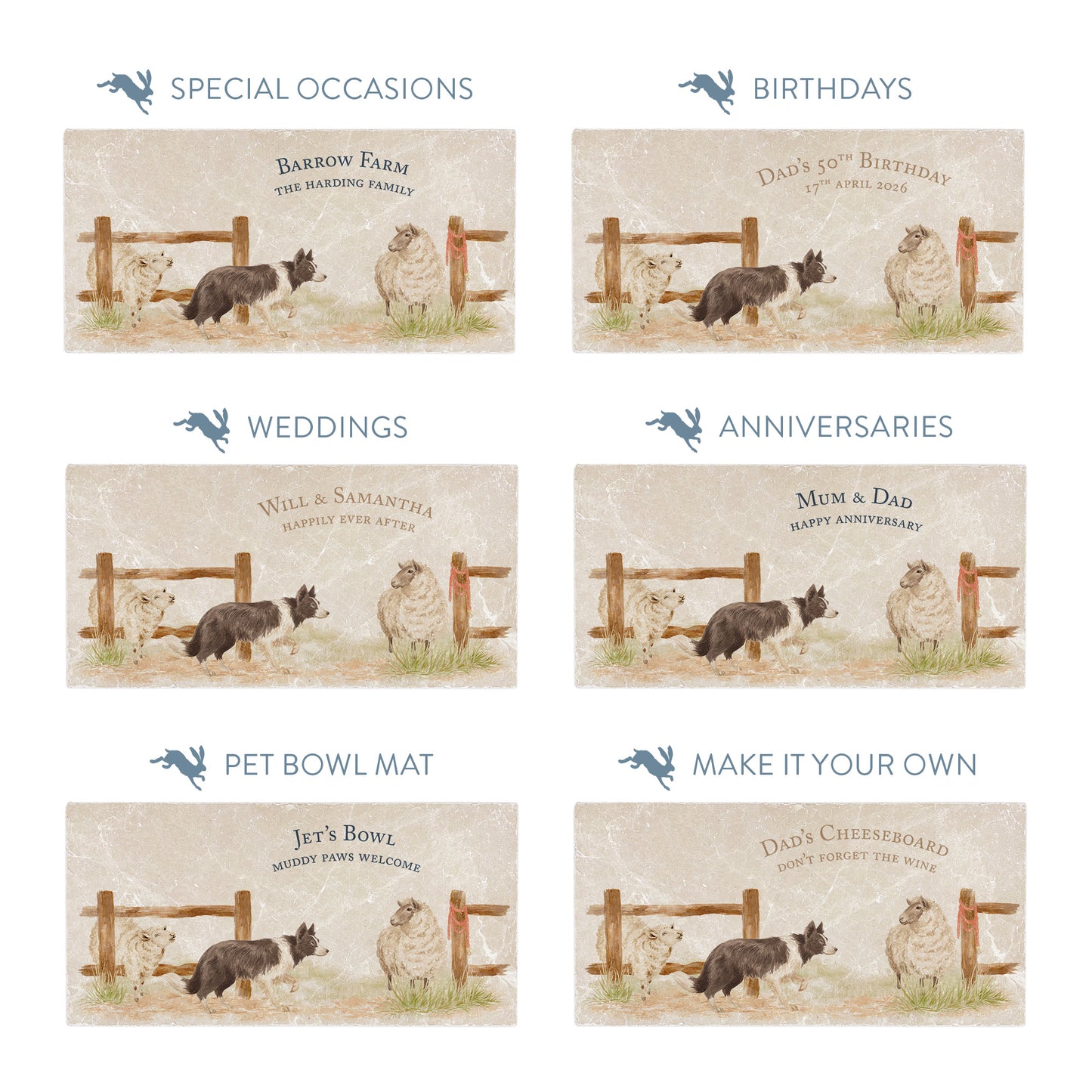 Rectangular marble sharing platters with a watercolour design of a border collie working dog. The platters show examples of custom personalised text for special occasions.