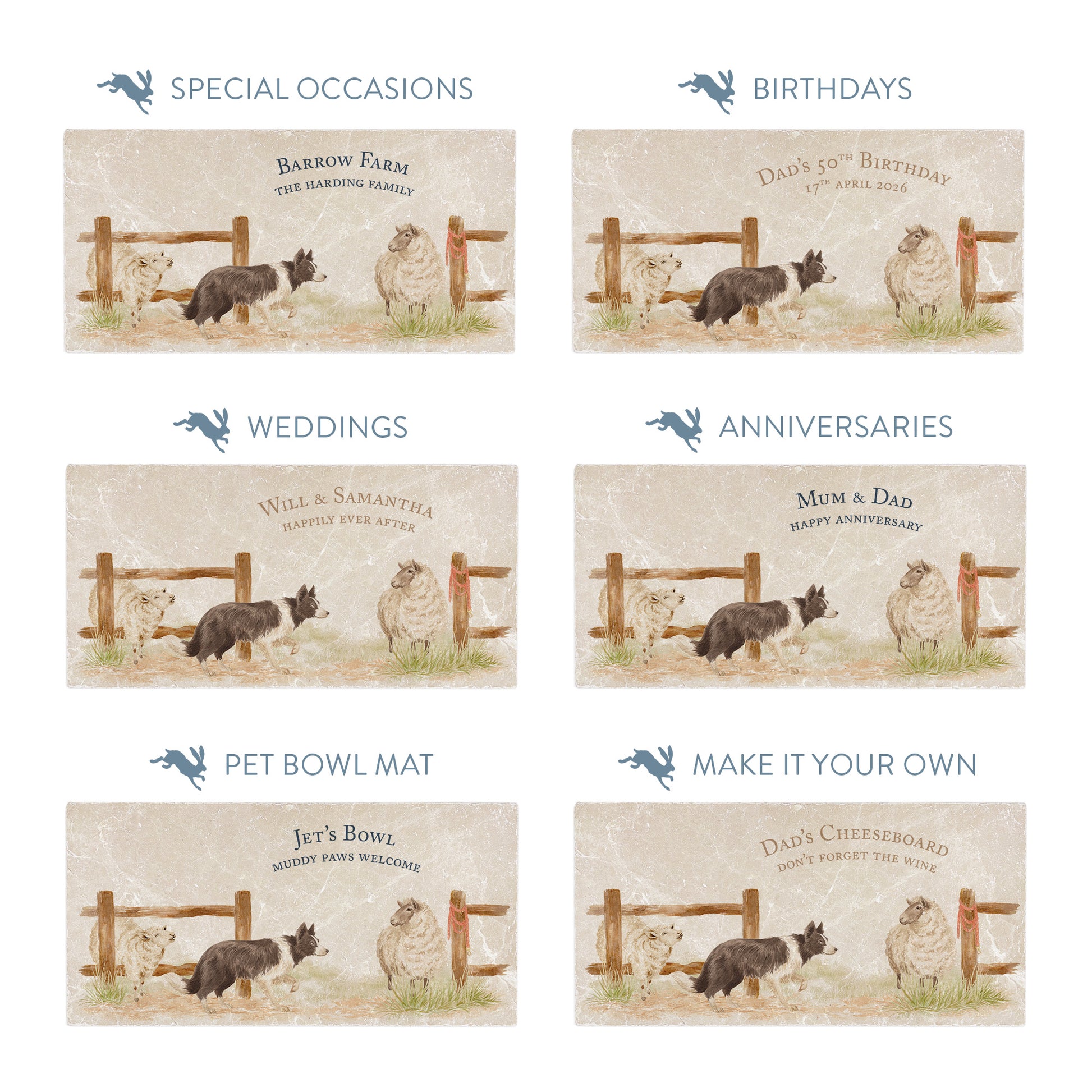 Rectangular marble sharing platters with a watercolour design of a border collie working dog. The platters show examples of custom personalised text for special occasions.