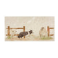 A rectangular marble sharing platter with a watercolour design of a border collie working dog herding sheep through a gate on the farm.