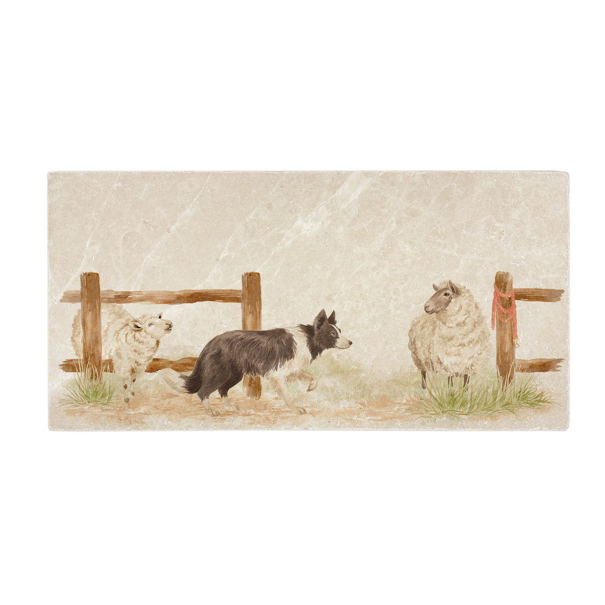 A large rectangular decorative cream marble coaster featuring a vintage-style illustration of a black and white border collie standing guard over a sheep beside a wooden post.