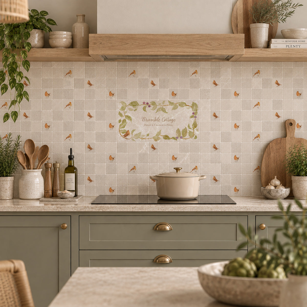 Personalised Wreath style Brambles with a little Robin sat in the corner,  use as a splashback tile. Personalise with family name, house name or special phrase 