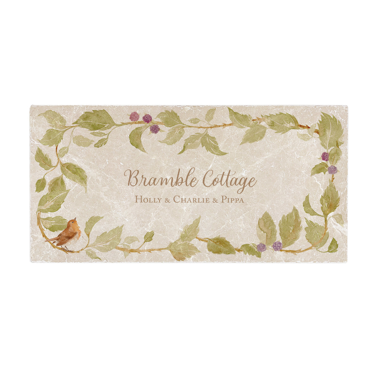 Personalised Wreath style Brambles with a little Robin sat in the corner,  use as a splashback tile. Personalise with family name, house name or special phrase 