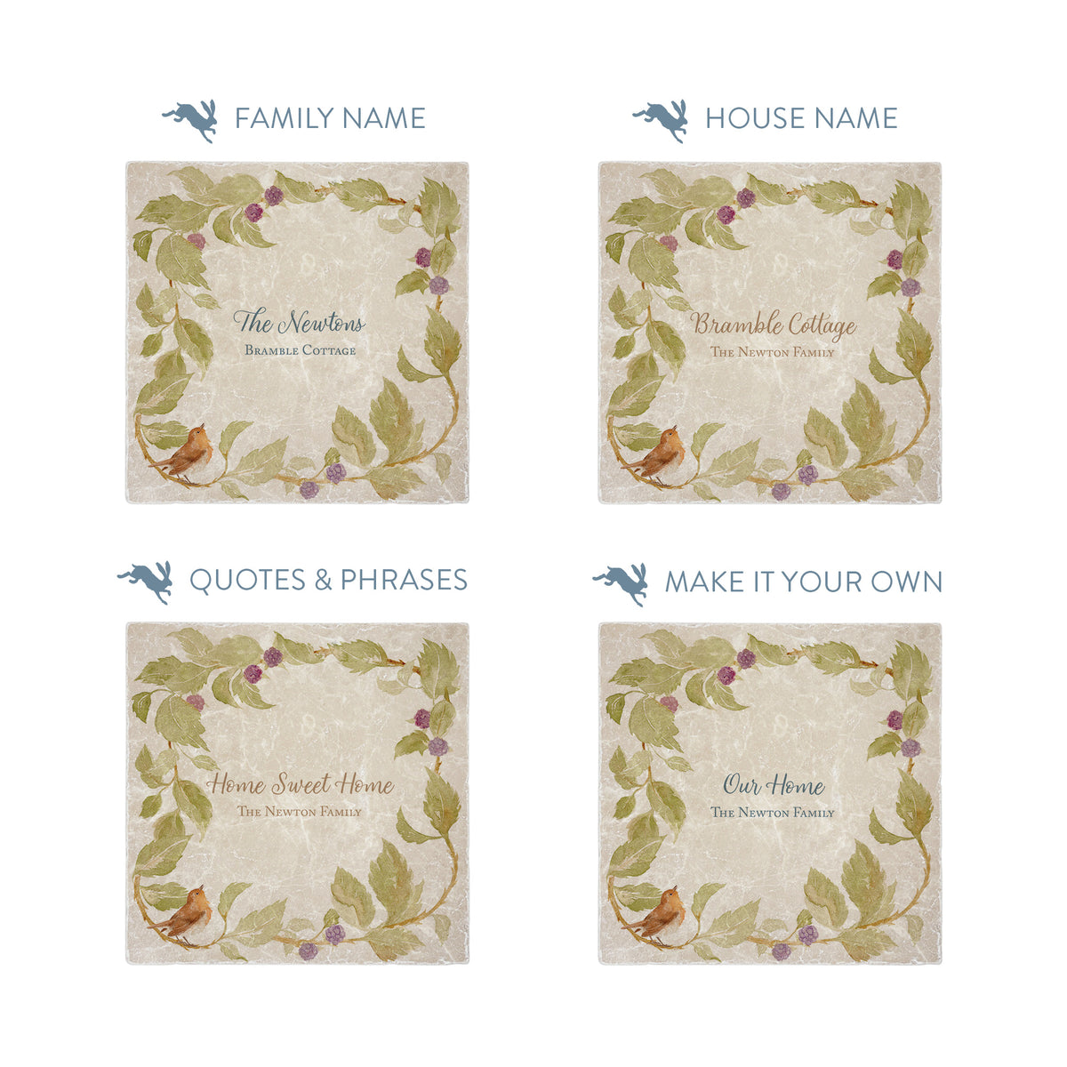 Bramble design with berries and robin sat in the corner of the tile. This design can be personalised and used as a Splashback tile make it your own with your own text.