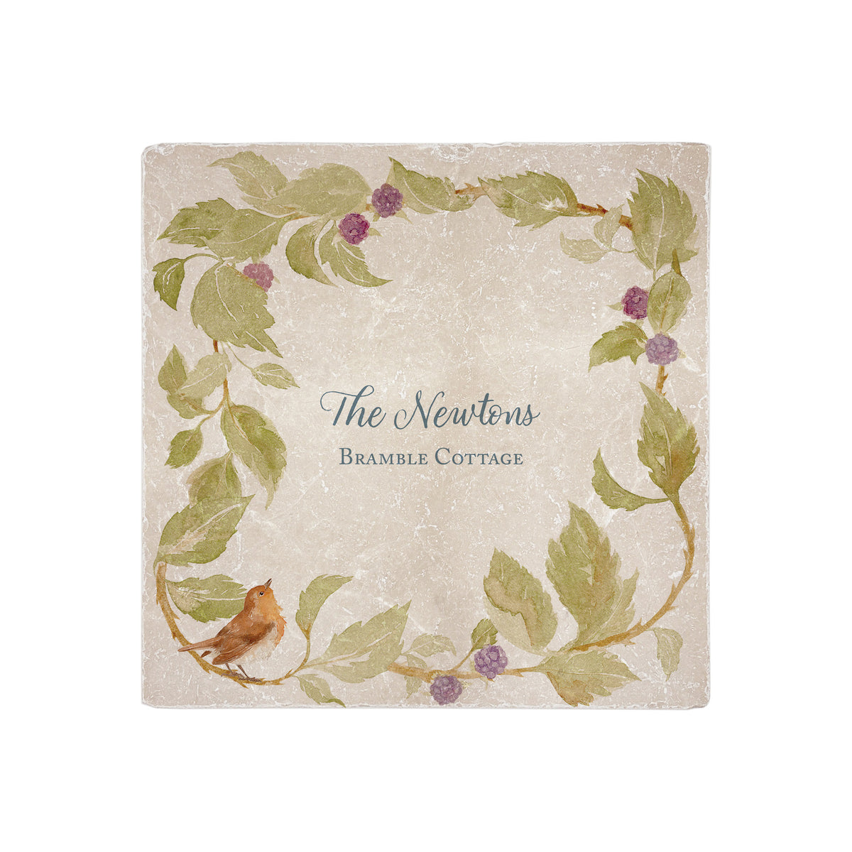 Bramble design with berries and robin sat in the corner of the tile. This design can be personalised and used as a Splashback tile make it your own with your own text.