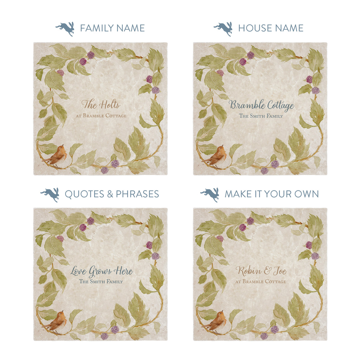 Bramble design with berries and robin sat in the corner of the tile. This design can be personalised and used as a Splashback tile make it your own with your own text.