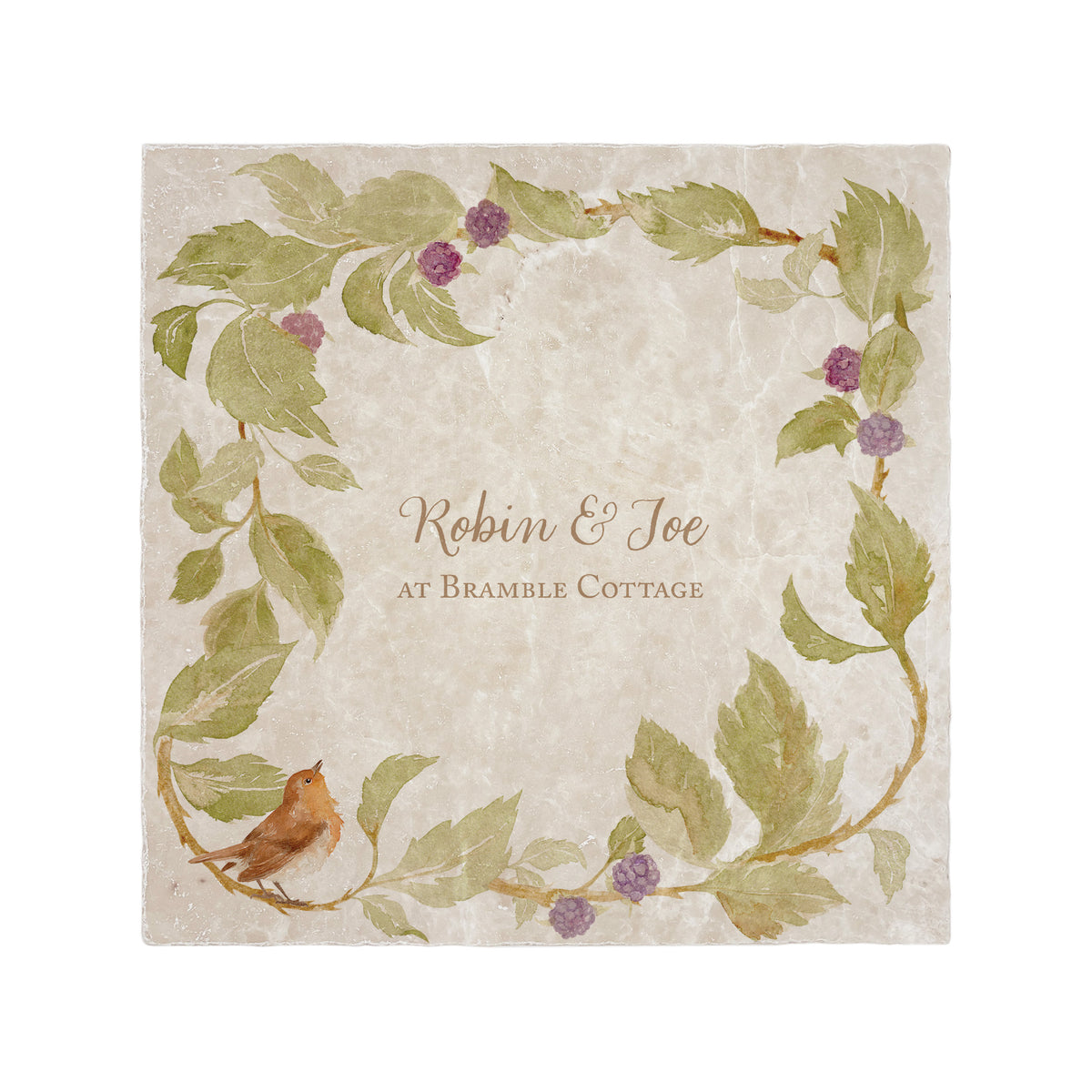 Bramble design with berries and robin sat in the corner of the tile. This design can be personalised and used as a Splashback tile make it your own with your own text.