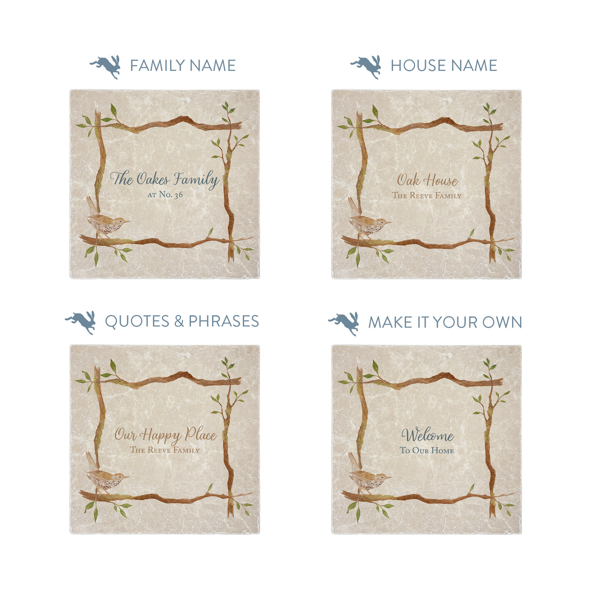 Branches and Bird design personalised Splashback tile make it your own with your own text.