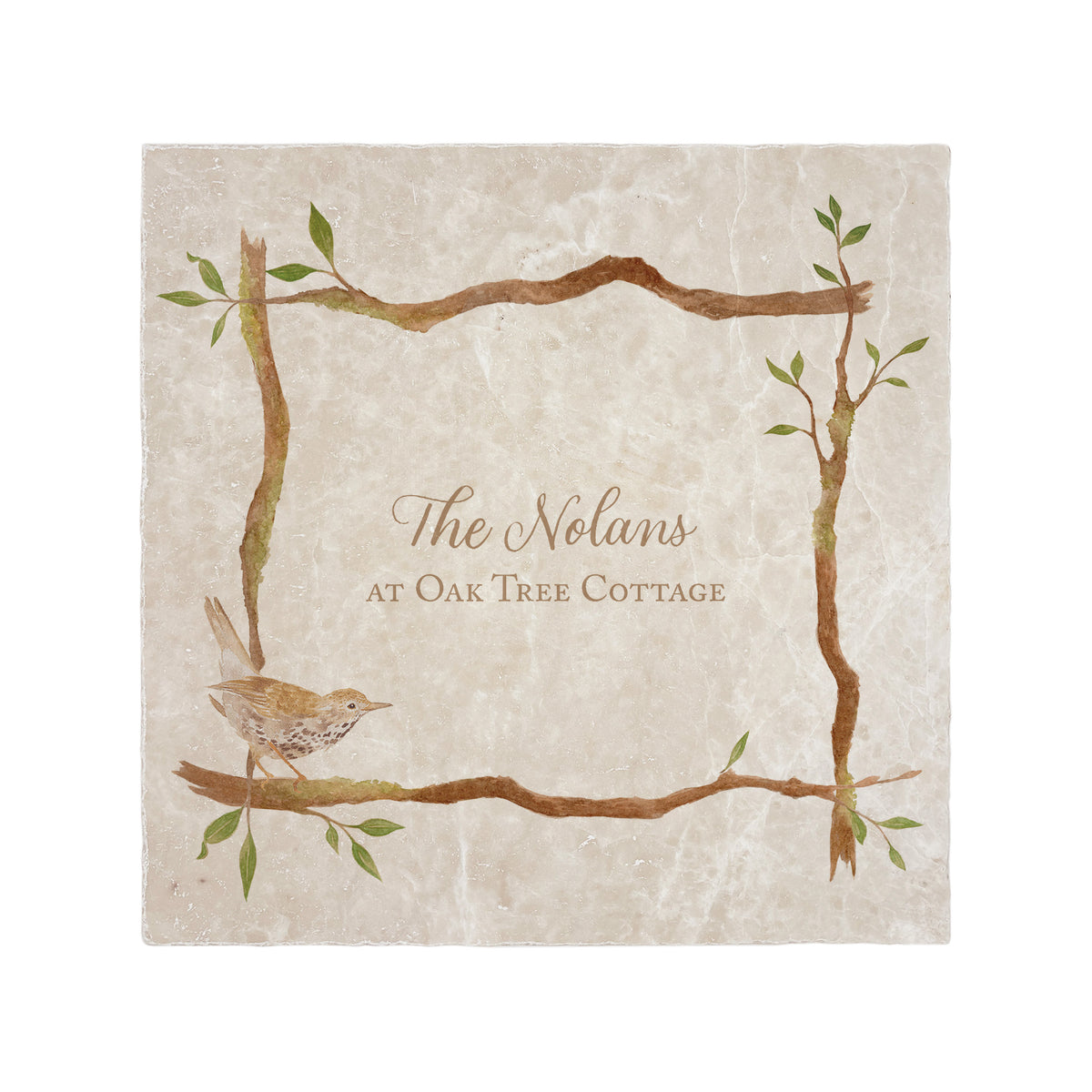 Branches and Bird design personalised Splashback tile make it your own with your own text.