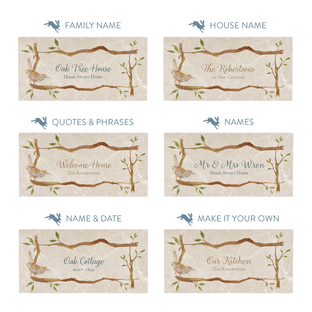 Six rectangular personalised label templates arranged in a 2x3 grid on a white background, each with a decorative branch and bird illustration and placeholder text such as Family Name, House Name, Quotes & Phrases, Names, Name & Date, and Make It Your Own.