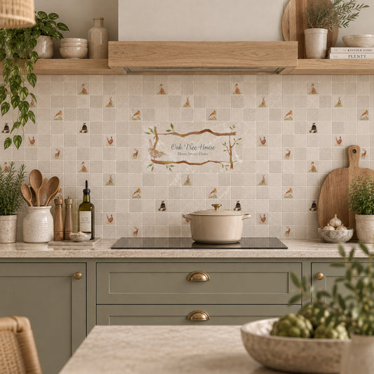A styled kitchen interior with beige mosaic tile backsplash featuring a small bird and tree pattern, a central decorative sign reading 'Club Tree House', sage green cabinets, a black induction cooktop, and wooden shelving with plants and ceramic vessels.