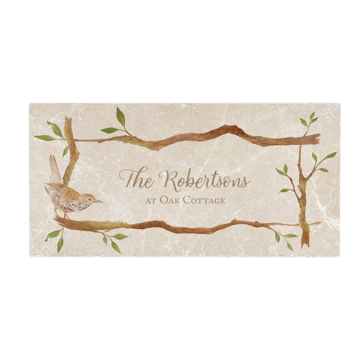 Personalised wall tile with a bird and branches framing the personalisation. 