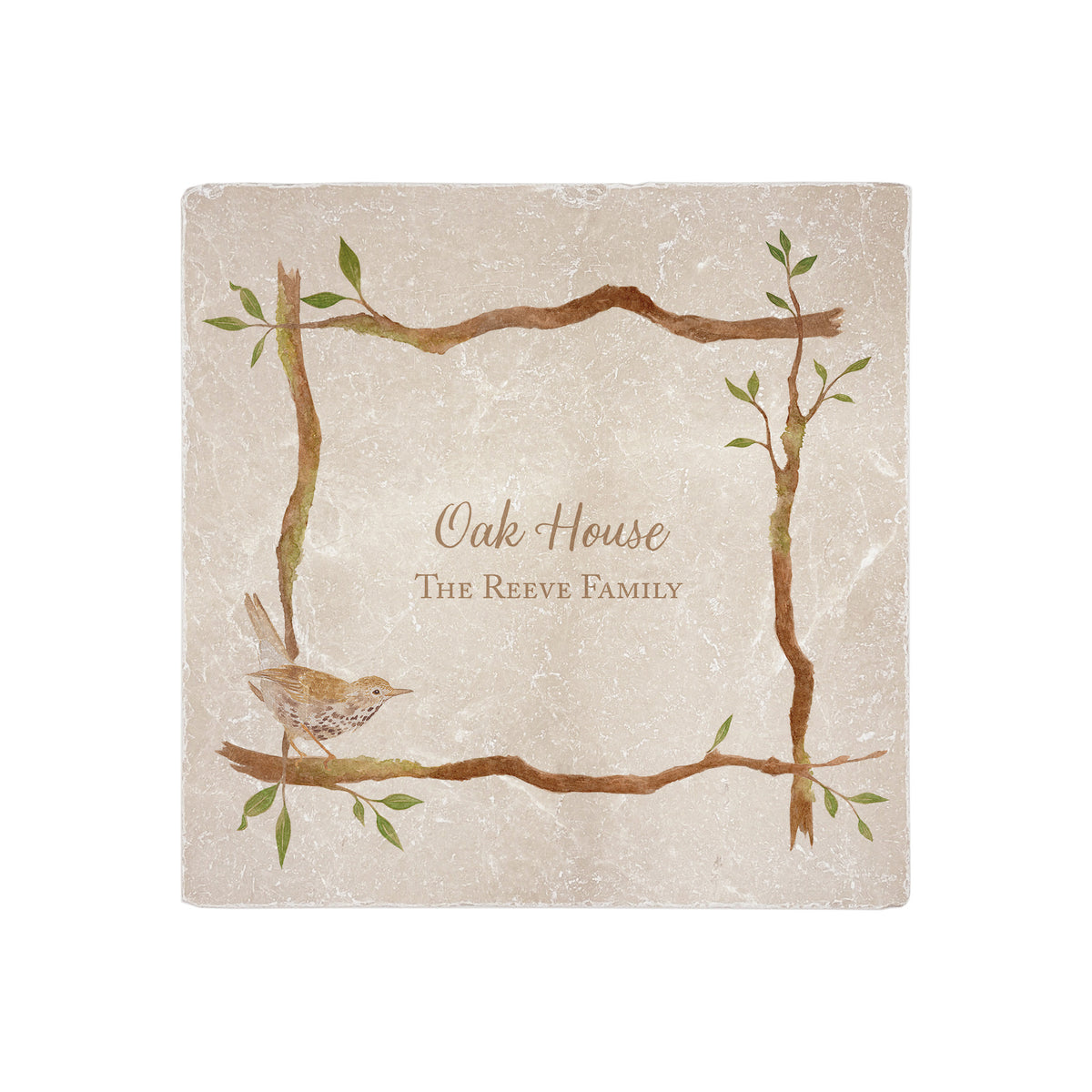 Branches and Bird design personalised Splashback tile make it your own with your own text.