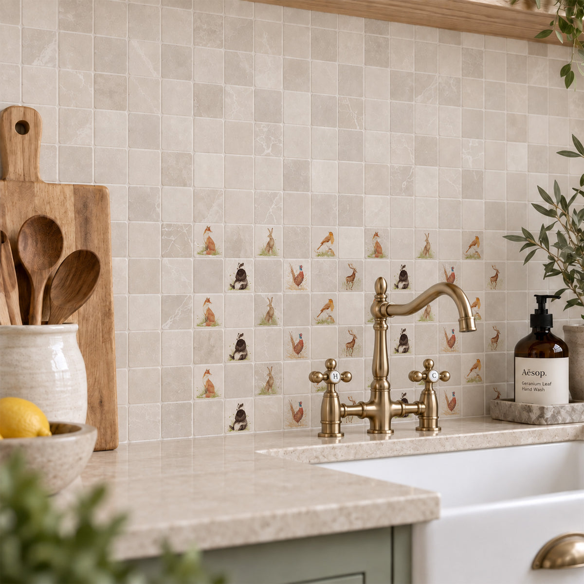 Mosaic splashback tile featuring a watercolour British countryside animal  design.
