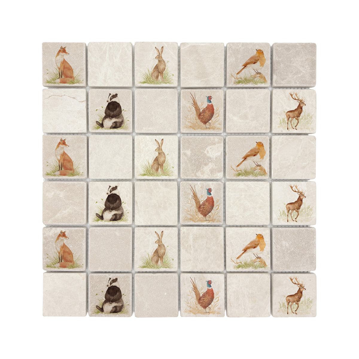 Mosaic splashback tile featuring a watercolour British countryside animal  design.