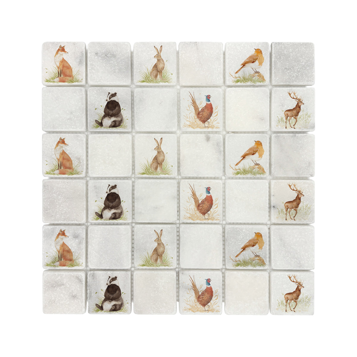 Mosaic splashback tile featuring a watercolour British countryside animal  design.