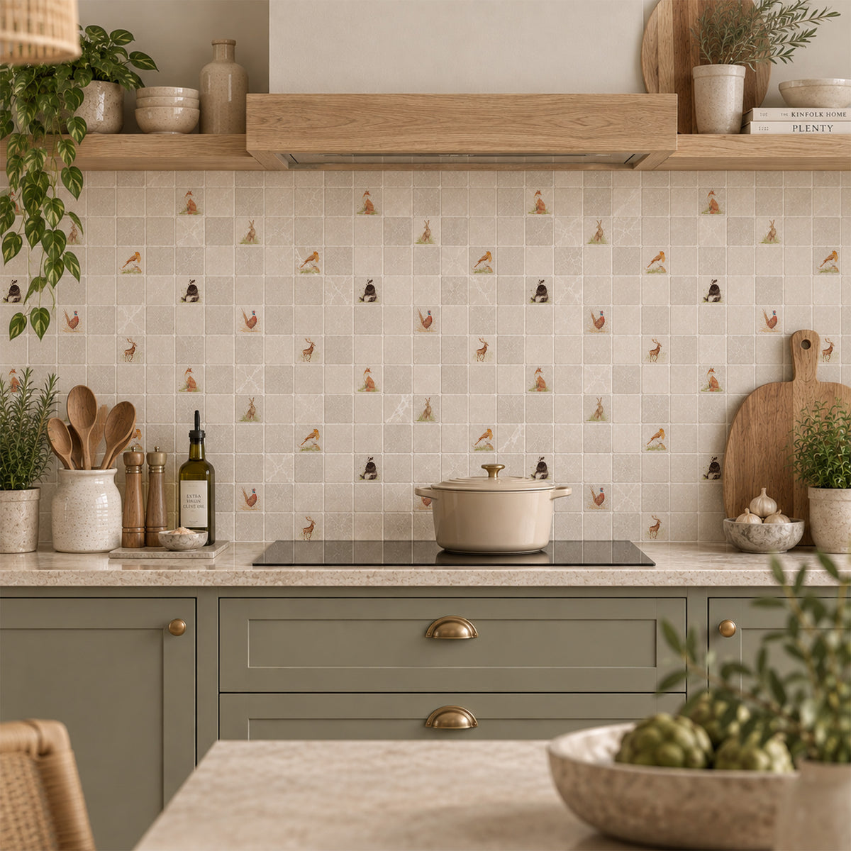 Mosaic splashback tile featuring a watercolour British countryside animal  design.