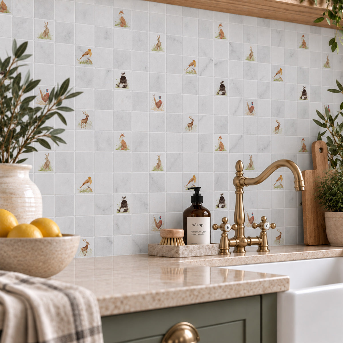 Mosaic splashback tile featuring a watercolour British countryside animal  design.