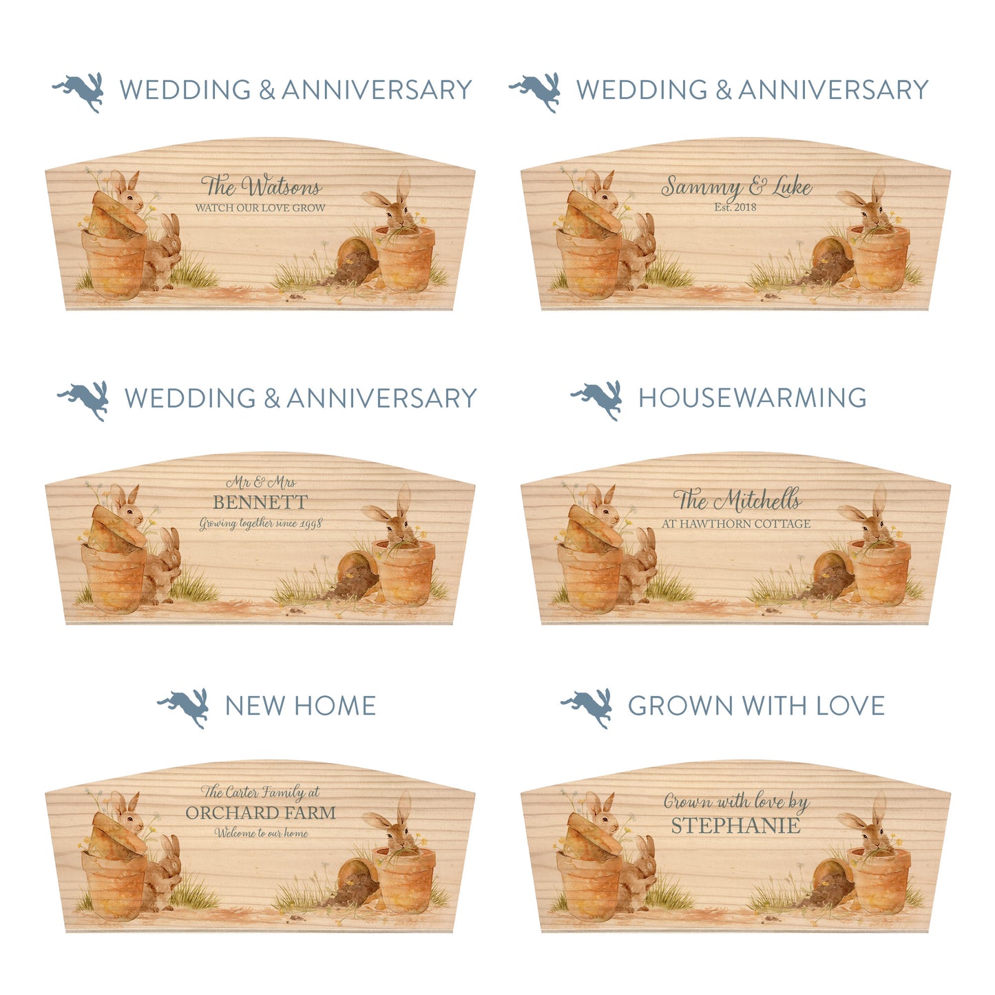 Personalised phrase options for an arched wooden planter box with a watercolour design of cute bunny rabbits in flower pots. Choose your phrase to suit any occasion including birthday, wedding, anniversary, engagement, and new home.