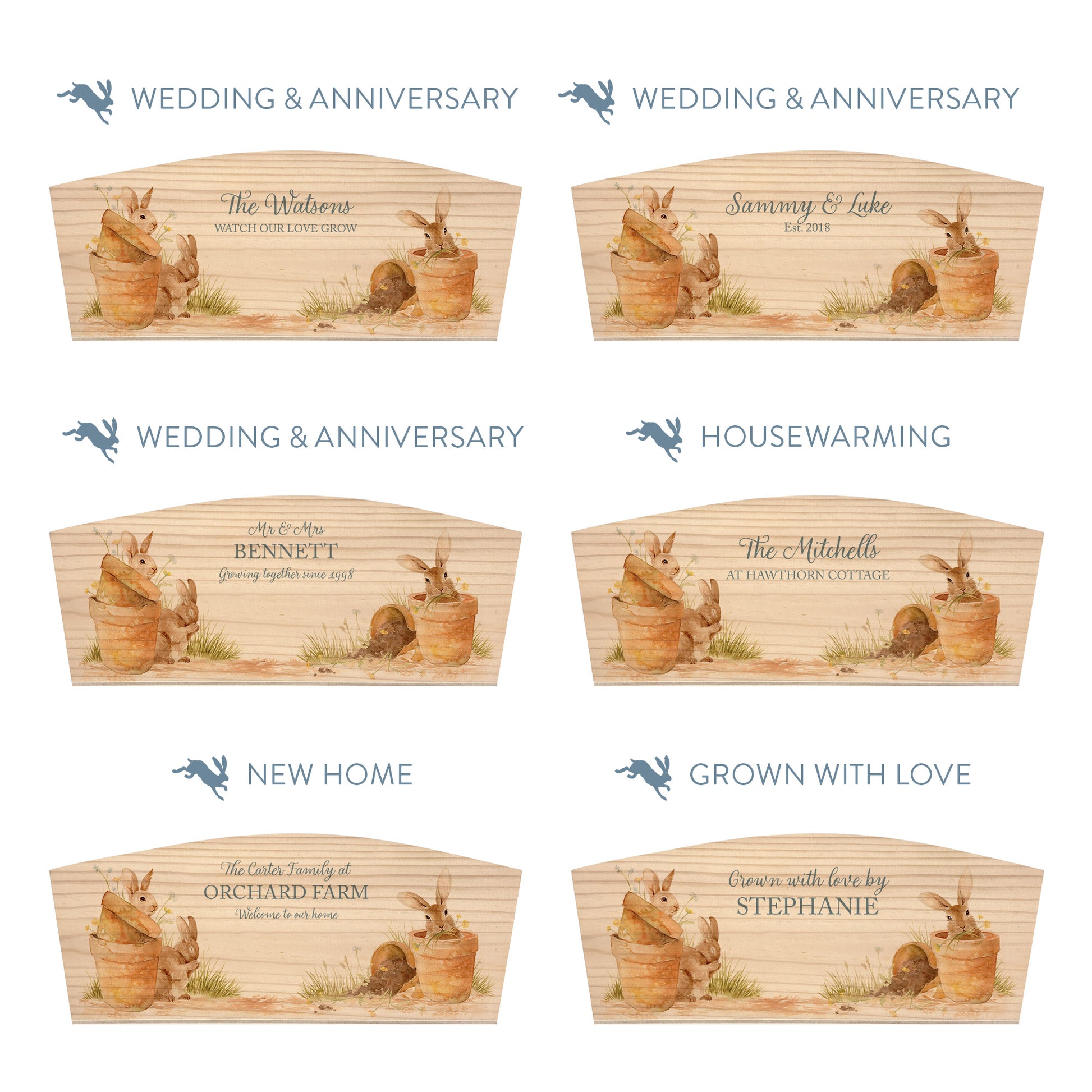 Personalised phrase options for an arched wooden planter box with a watercolour design of cute bunny rabbits in flower pots. Choose your phrase to suit any occasion including birthday, wedding, anniversary, engagement, and new home.