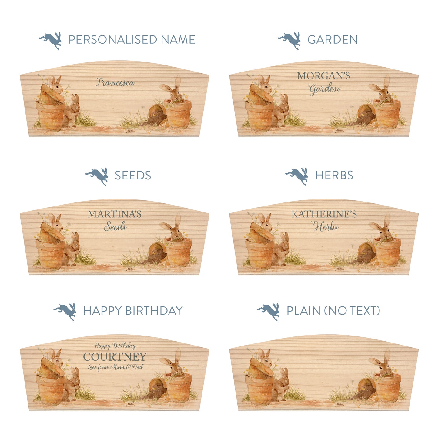 Personalised phrase options for an arched wooden planter box with a watercolour design of cute bunny rabbits in flower pots. Choose your phrase to suit any occasion including birthday, wedding, new home, and a selection of gardening phrases.