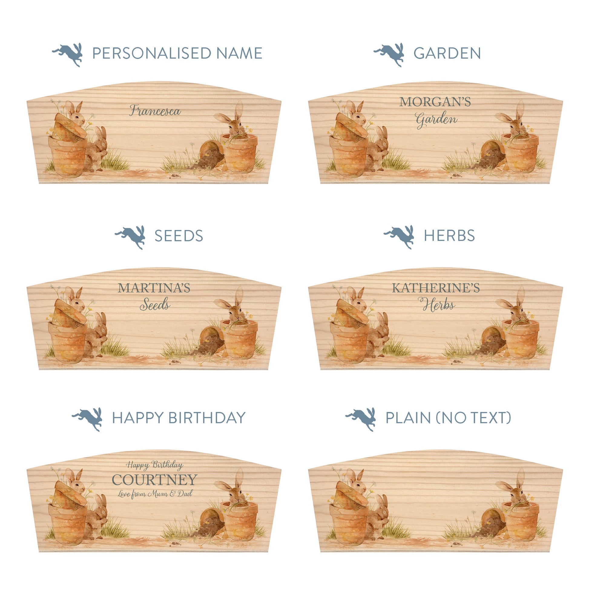 Personalised phrase options for an arched wooden planter box with a watercolour design of cute bunny rabbits in flower pots. Choose your phrase to suit any occasion including birthday, wedding, new home, and a selection of gardening phrases.