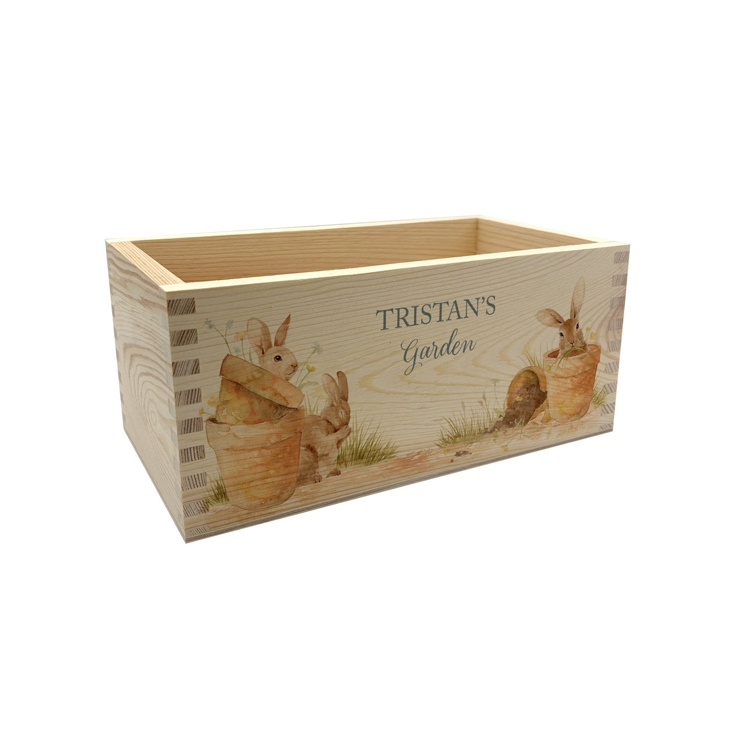 A rectangle wooden planter box with a watercolour design of cute bunny rabbits in plant pots. The planter can be personalised with a name and a selection of custom phrases. Perfect gift for gardeners and special occasions.