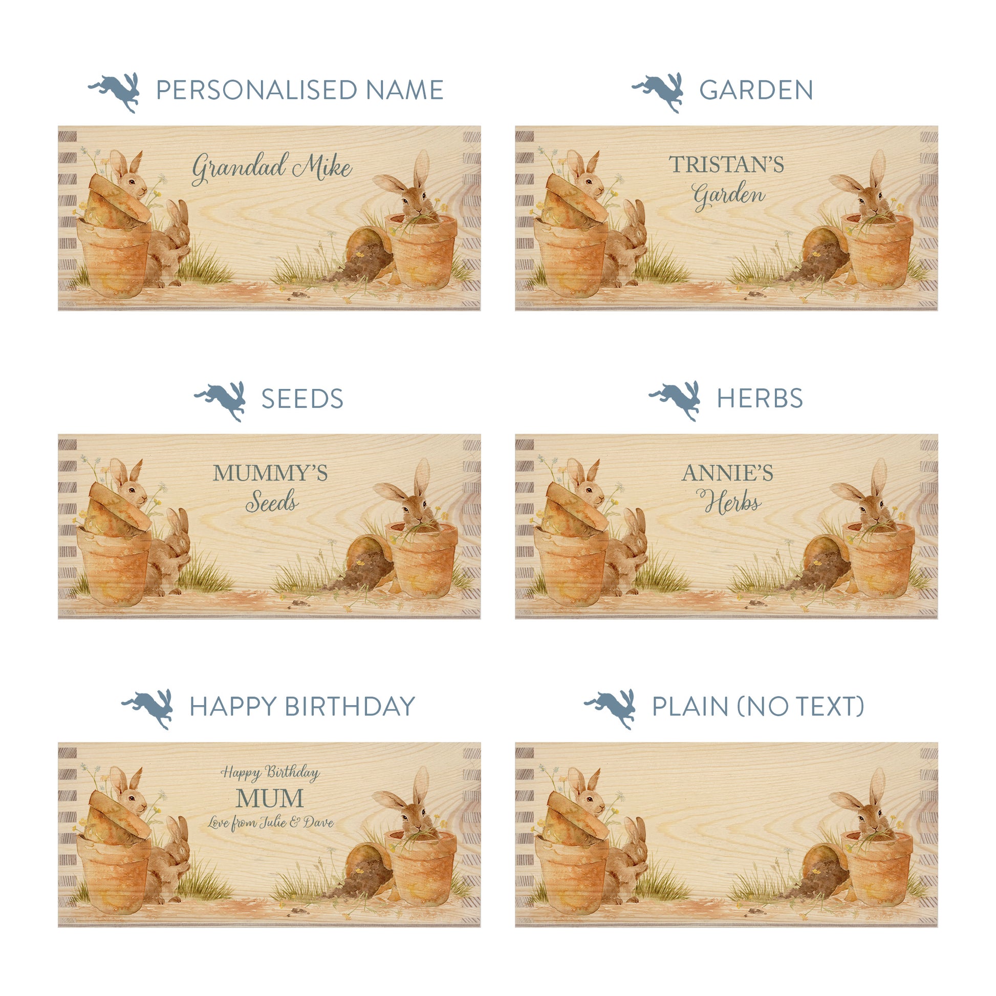 Personalised phrase options for a rectangle wooden planter box with a watercolour design of cute bunny rabbits in plant pots. Choose your phrase to suit any occasion including birthday, wedding, anniversary, engagement, and new home.