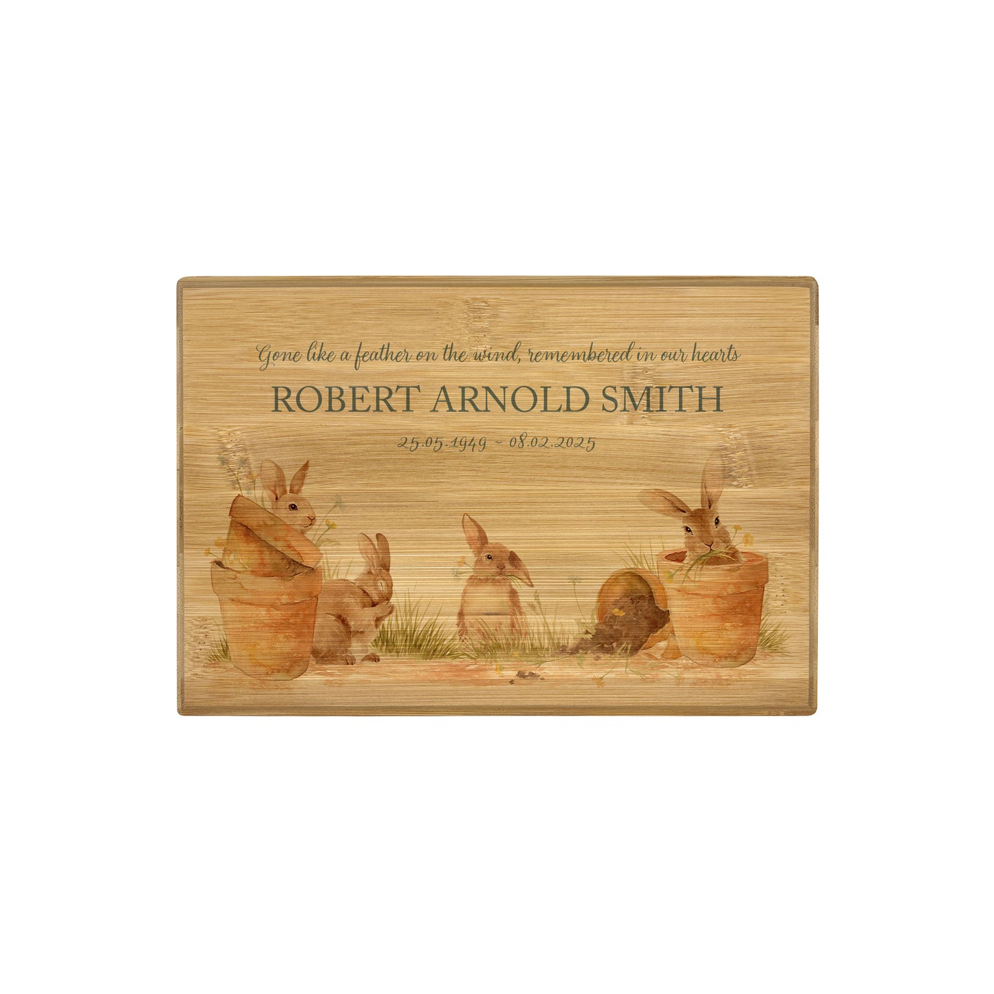A beautifully crafted solid Bamboo wooden urn, finished with a soft watercolour design of Bunny's in pots  Thoughtfully made for either display or burial, this personalised urn can be customised to create a meaningful memorial. Perfect for holding ashes of a loved one or a beloved pet, it serves as a comforting tribute and keepsake. 