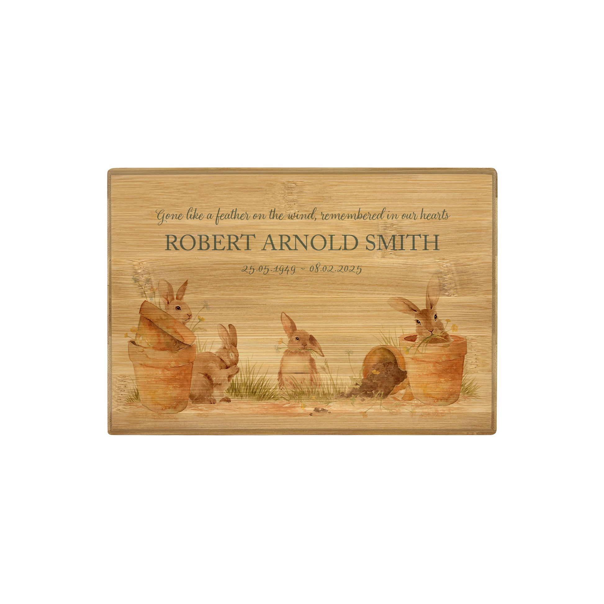 A beautifully crafted solid Bamboo wooden urn, finished with a soft watercolour design of Bunny's in pots  Thoughtfully made for either display or burial, this personalised urn can be customised to create a meaningful memorial. Perfect for holding ashes of a loved one or a beloved pet, it serves as a comforting tribute and keepsake. 