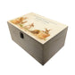 Wooden box with a decorative lid featuring animal illustrations on a wooden background. Perfect funeral memory keepsake box, for storing ashes, order of service, flowers, pictures. 