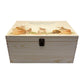 Wooden box with a decorative lid featuring animal illustrations on a wooden background. Perfect funeral memory keepsake box, for storing ashes, order of service, flowers, pictures. 