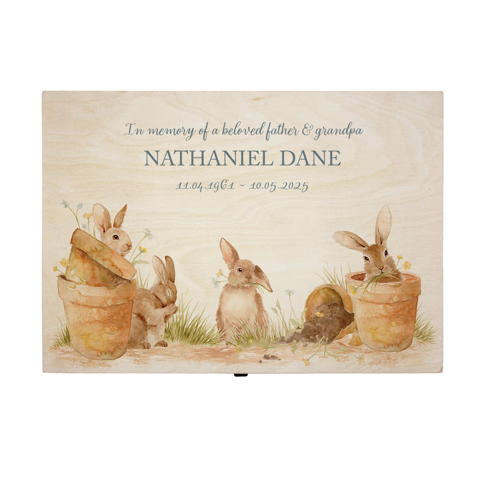 Wooden box with a decorative lid featuring animal illustrations on a wooden background. Perfect funeral memory keepsake box, for storing ashes, order of service, flowers, pictures. 