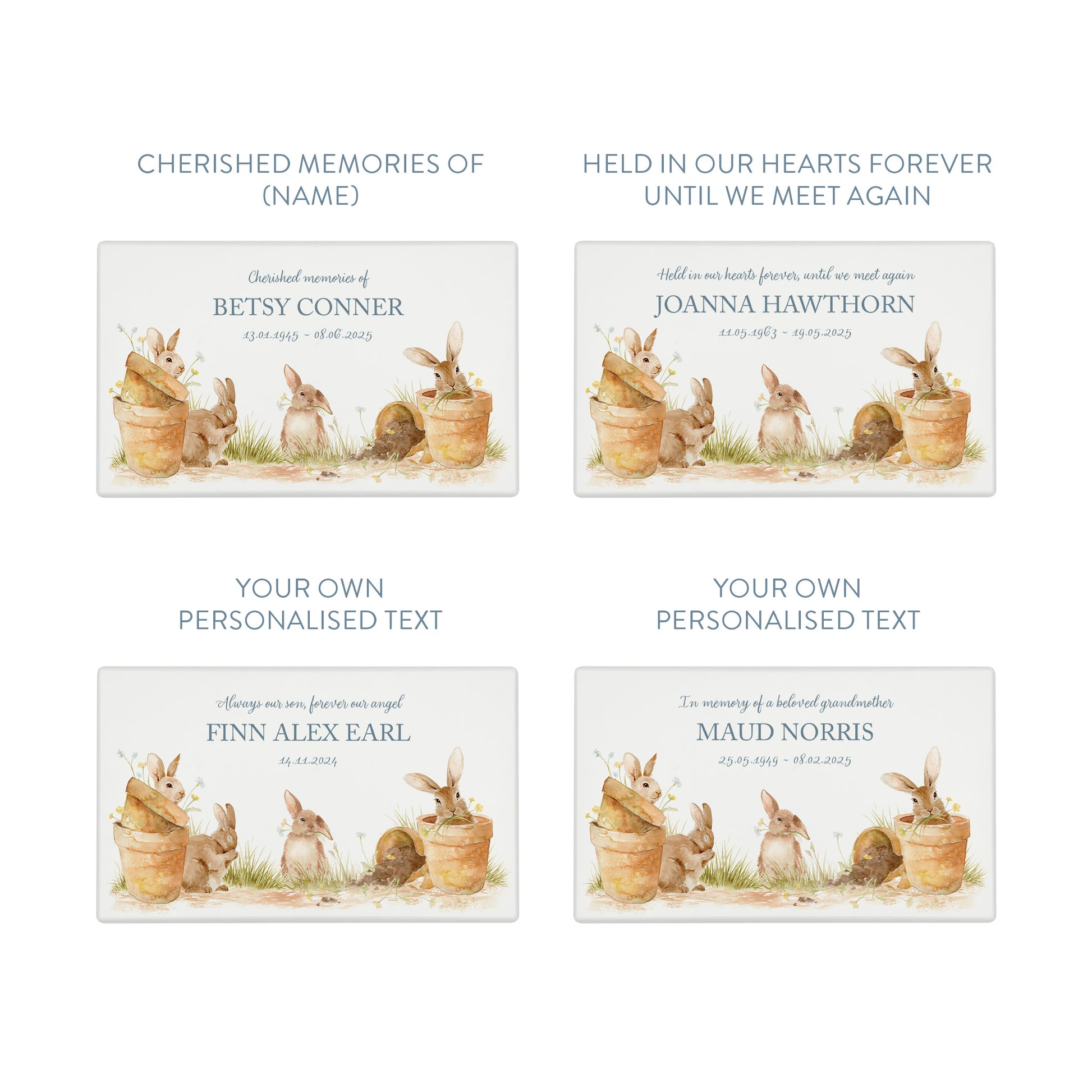 Luxury solid wooden white painted Urn ,  Featuring Bunnies on pots , A watercolour illustration, our urns and Caskets for displaying or burying ashes. Customisable and can be personalised. Perfect funeral memory keepsake urn, for storing ashes for humans and pets. 