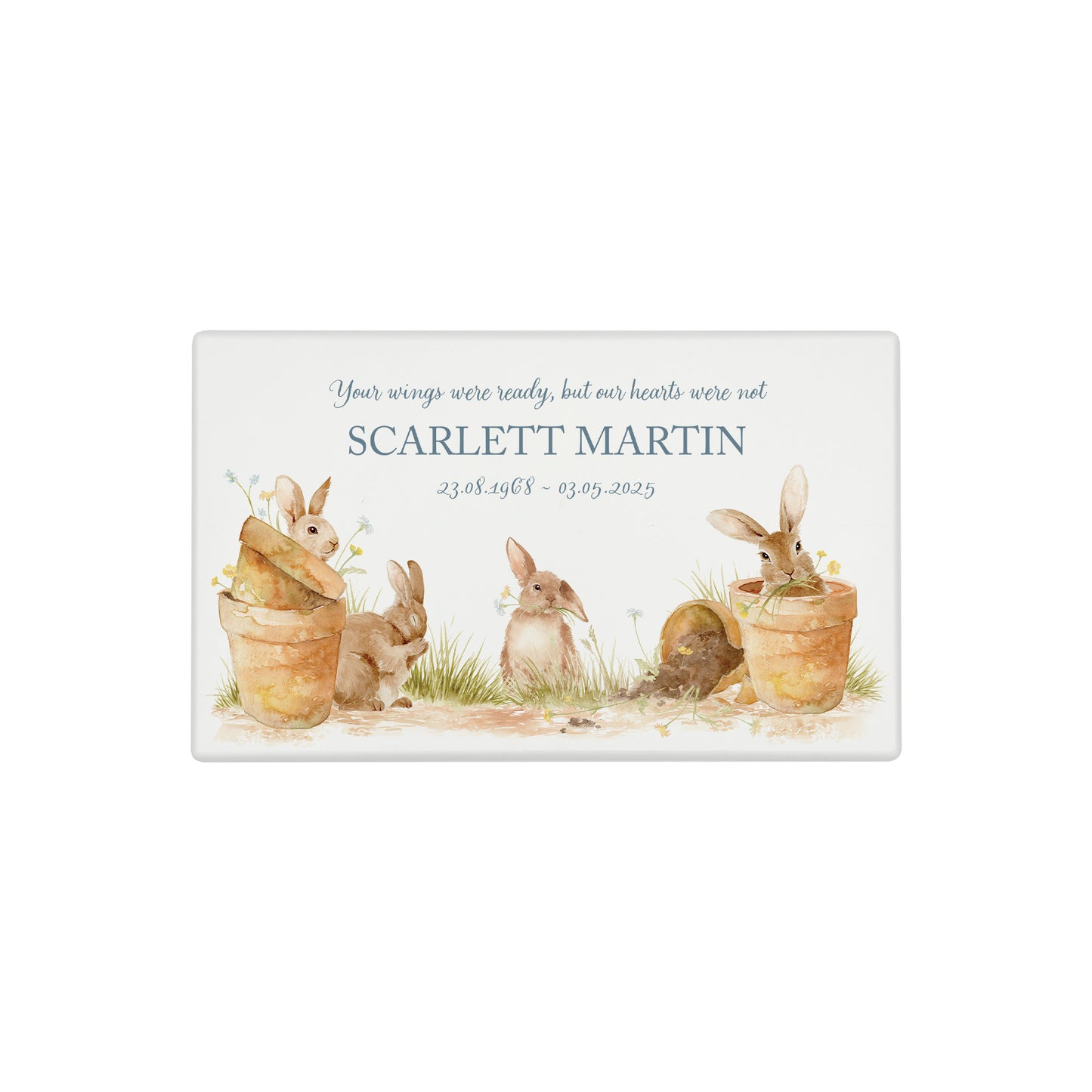 Luxury solid wooden white painted Urn ,  Featuring Bunnies on pots , A watercolour illustration, our urns and Caskets for displaying or burying ashes. Customisable and can be personalised. Perfect funeral memory keepsake urn, for storing ashes for humans and pets. 