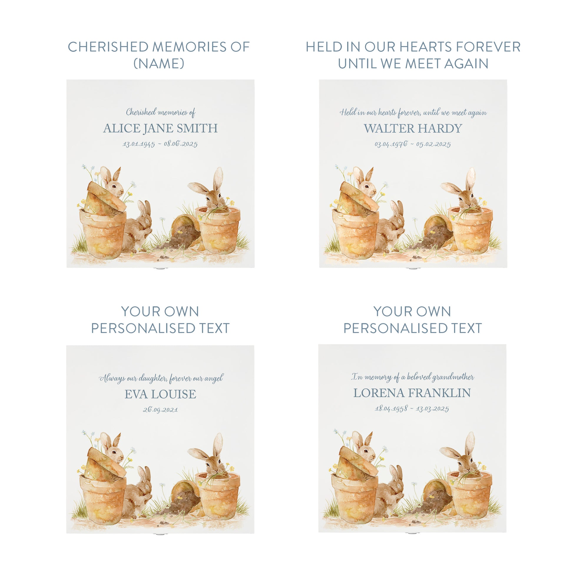 White Square personalised Wooden box with a decorative lid featuring illustrations Bunnies in pots Perfect funeral memory keepsake box, for storing ashes, order of service, flowers and capturing your loved ones things in one place. Available in red, blue, yellow and green