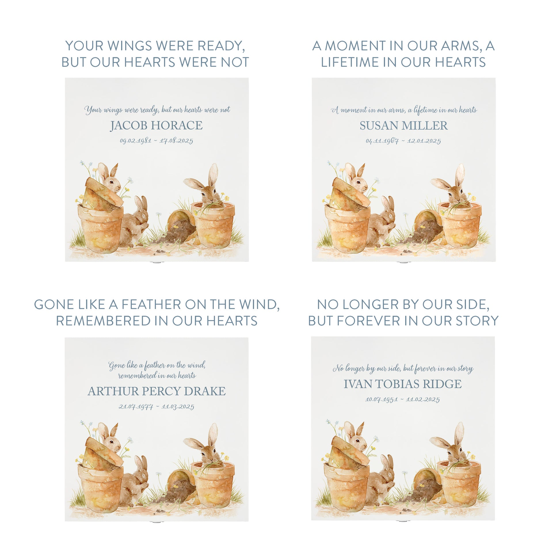 White Square personalised Wooden box with a decorative lid featuring illustrations Bunnies in pots Perfect funeral memory keepsake box, for storing ashes, order of service, flowers and capturing your loved ones things in one place. Available in red, blue, yellow and green