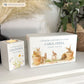 Luxury solid wooden white painted Urn ,  Featuring Bunnies on pots , A watercolour illustration, our urns and Caskets for displaying or burying ashes. Customisable and can be personalised. Perfect funeral memory keepsake urn, for storing ashes for humans and pets. 