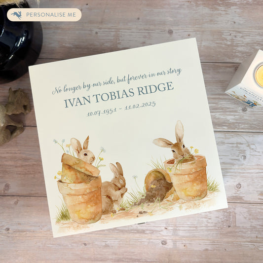 White Square personalised Wooden box with a decorative lid featuring illustrations Bunnies in pots Perfect funeral memory keepsake box, for storing ashes, order of service, flowers and capturing your loved ones things in one place. Available in red, blue, yellow and green