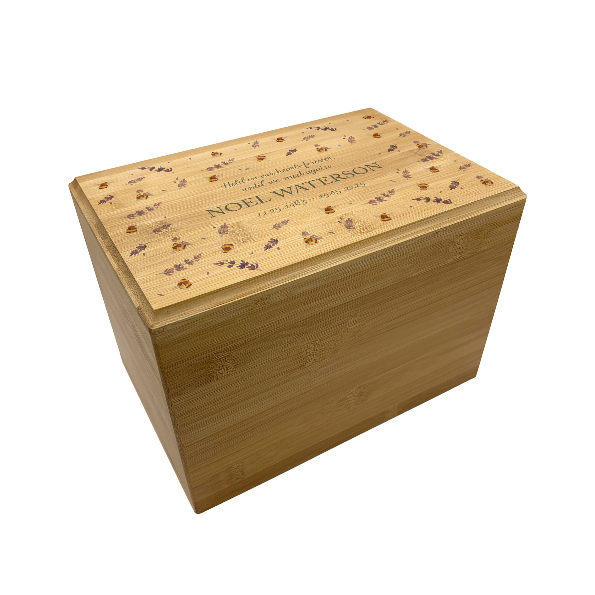 A beautifully crafted solid Bamboo wooden urn, personalised and finished with a soft watercolour design of Buzzy Bees and lavender, Thoughtfully made for either display or burial, this personalised urn can be customised to create a meaningful memorial. Perfect for holding ashes of a loved one or a beloved pet, it serves as a comforting tribute and keepsake. 